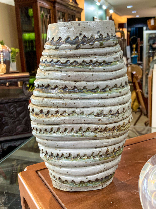 Vintage MCM Speckled Blue Green Tall Textural Handmade Ceramic Coil Vase