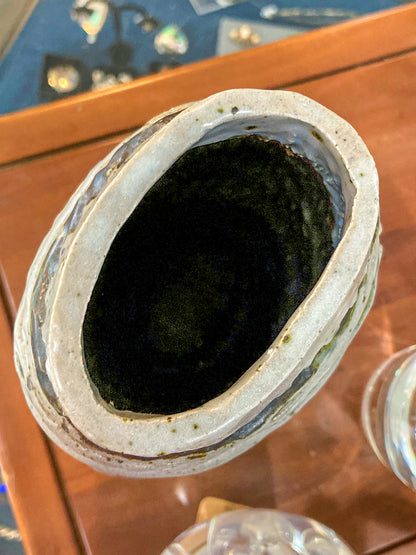 Vintage MCM Speckled Blue Green Tall Textural Handmade Ceramic Coil Vase