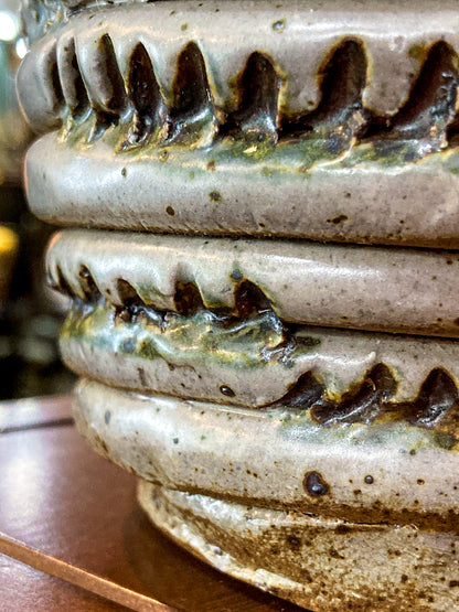 Vintage MCM Speckled Blue Green Tall Textural Handmade Ceramic Coil Vase