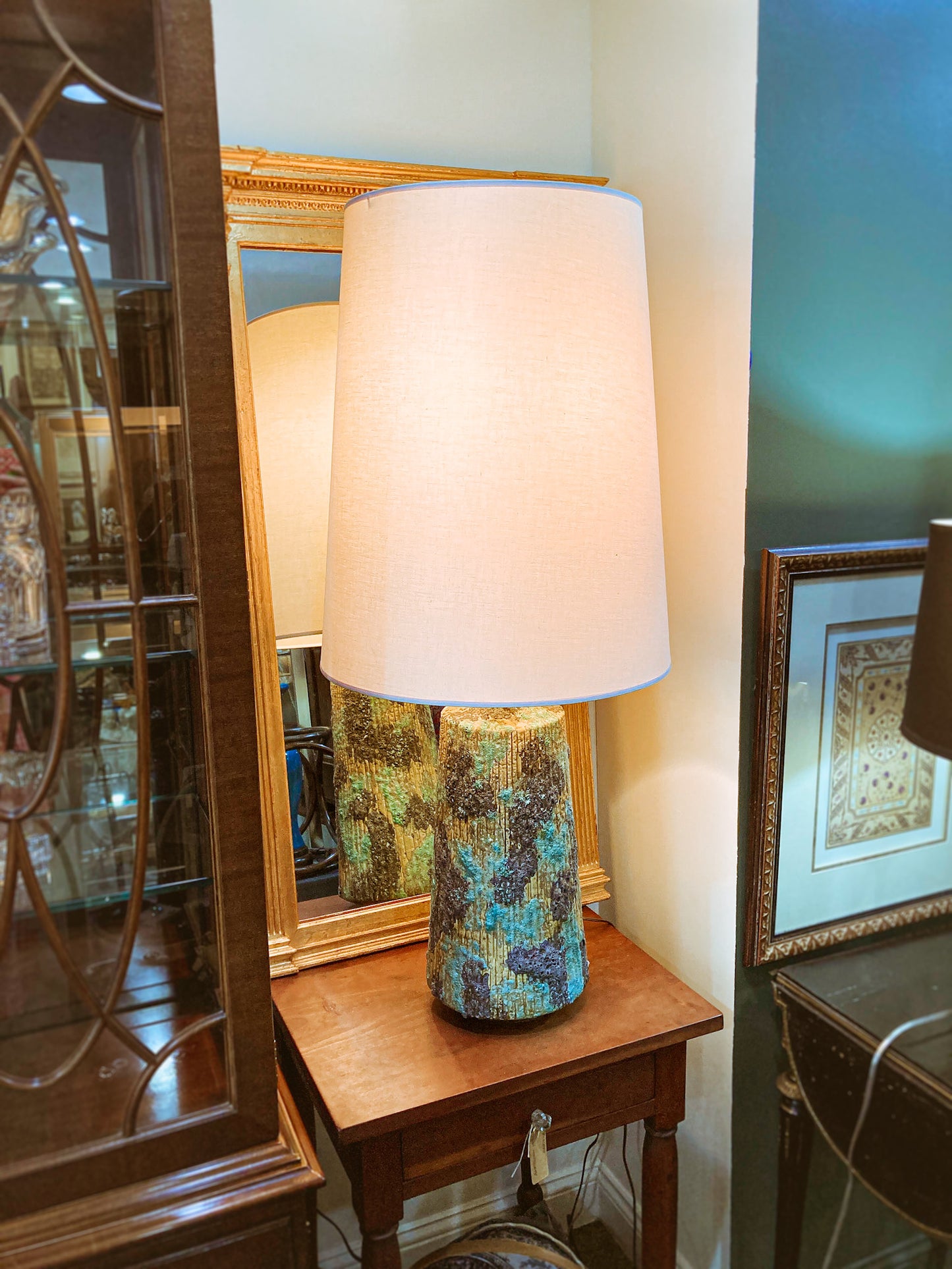 Vintage MCM Turquoise Blue Fantoni Style Lava Glaze Ceramic Table Lamp