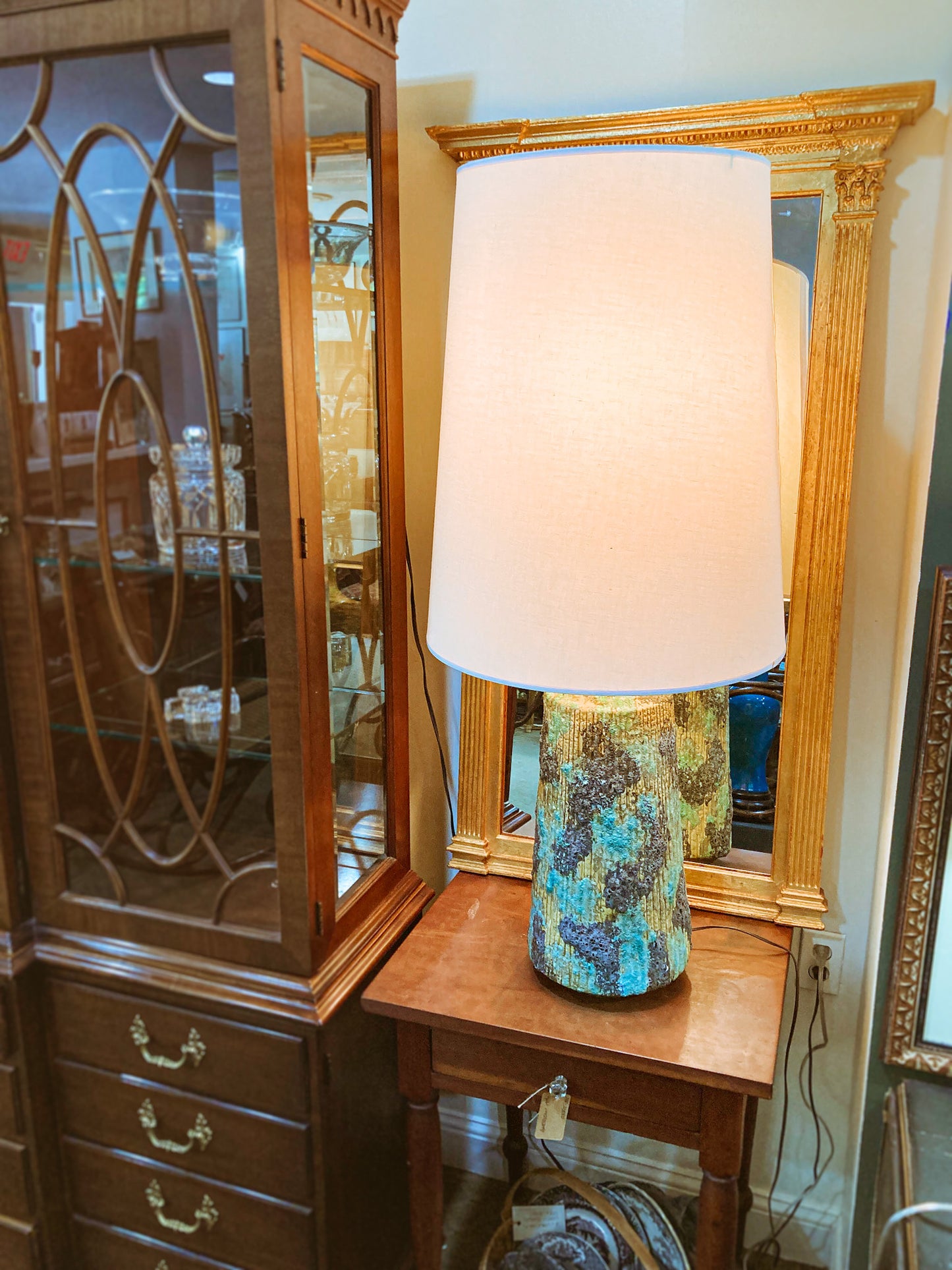 Vintage MCM Turquoise Blue Fantoni Style Lava Glaze Ceramic Table Lamp