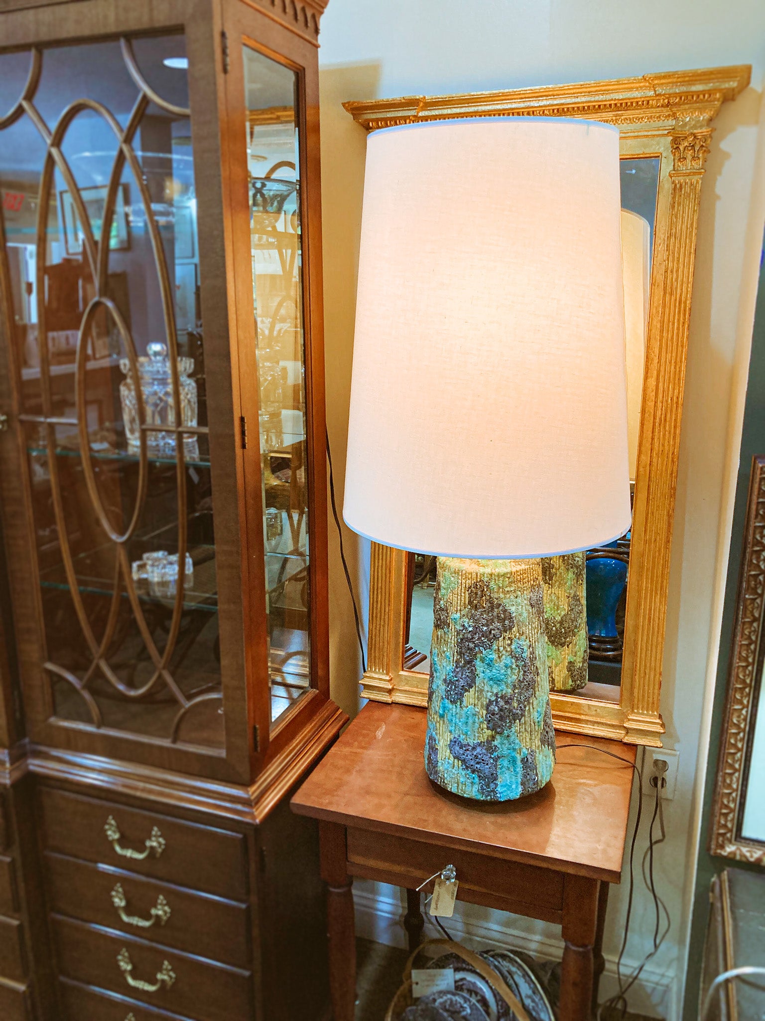 Vintage MCM Turquoise Blue Fantoni Style Lava Glaze Ceramic Table Lamp