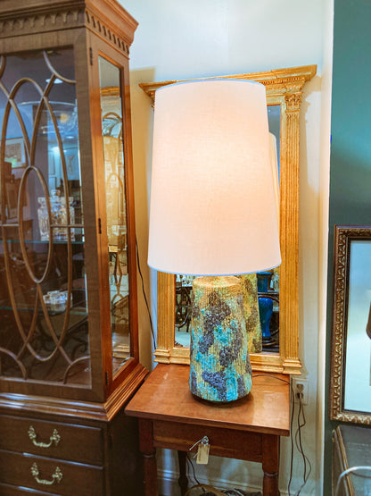 Vintage MCM Turquoise Blue Fantoni Style Lava Glaze Ceramic Table Lamp
