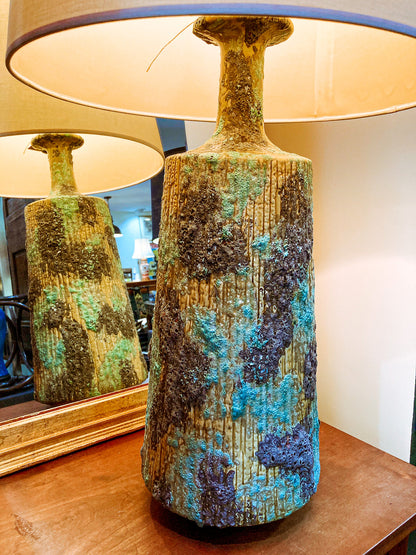 Vintage MCM Turquoise Blue Fantoni Style Lava Glaze Ceramic Table Lamp
