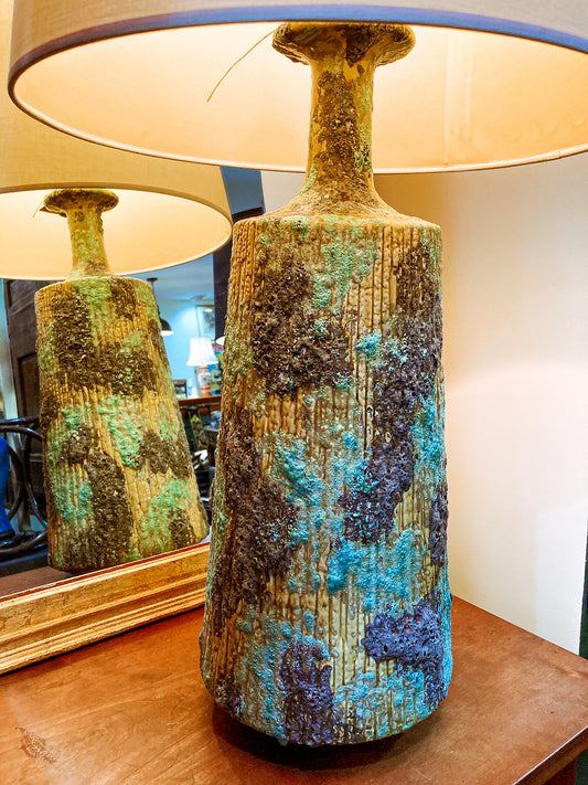 Vintage MCM Turquoise Blue Fantoni Style Lava Glaze Ceramic Table Lamp