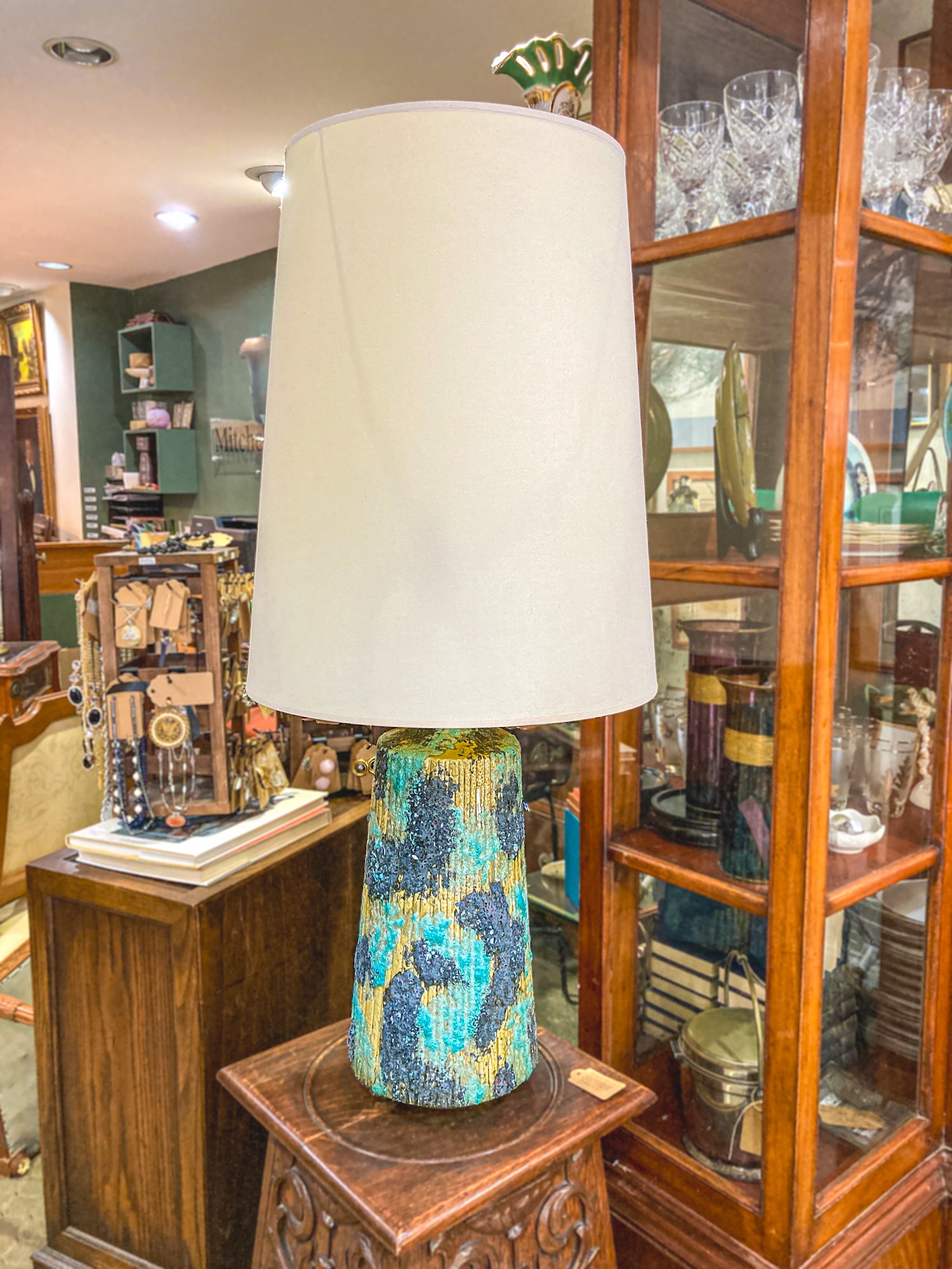 Vintage MCM Turquoise Blue Fantoni Style Lava Glaze Ceramic Table Lamp