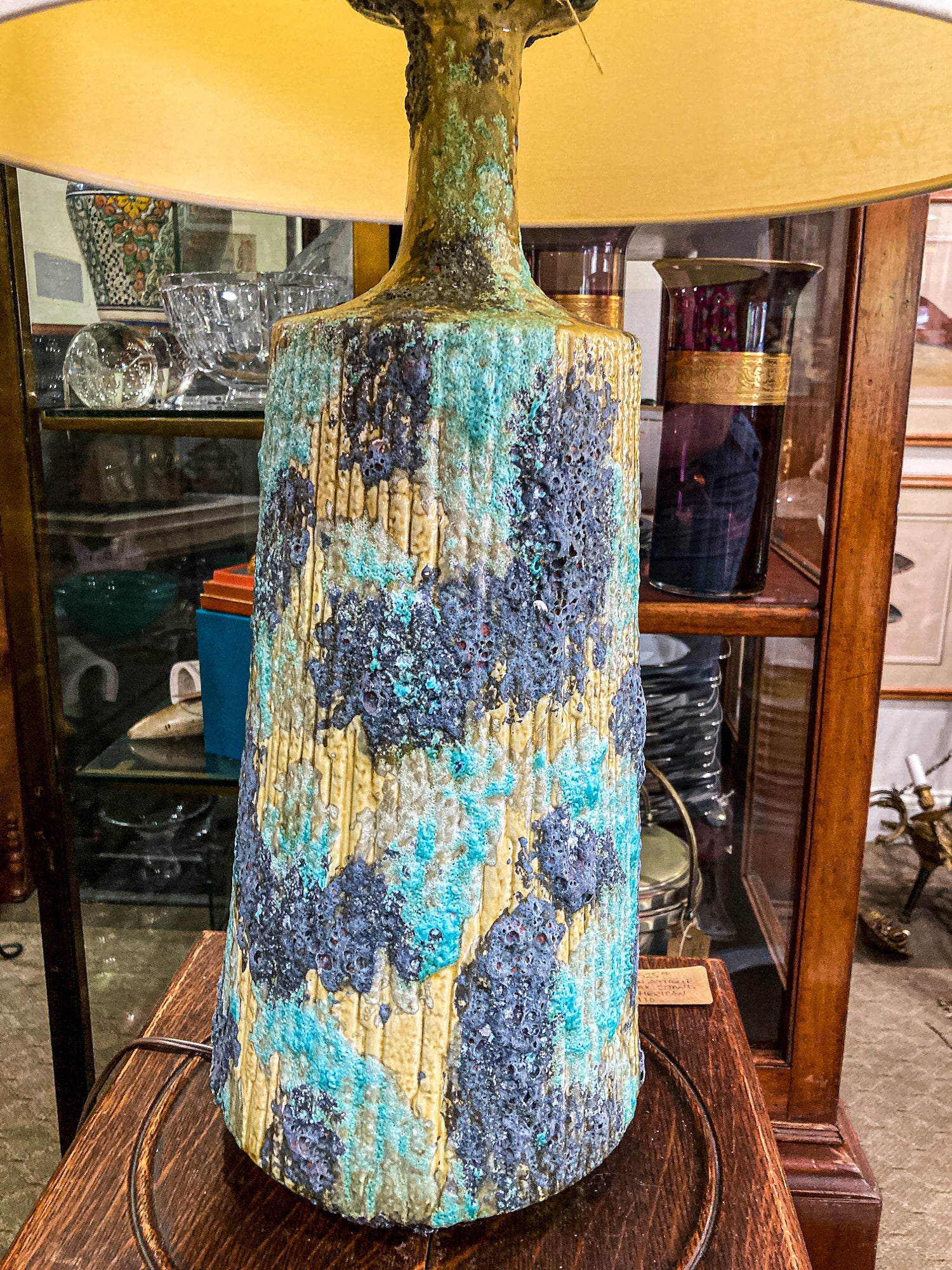 Vintage MCM Turquoise Blue Fantoni Style Lava Glaze Ceramic Table Lamp