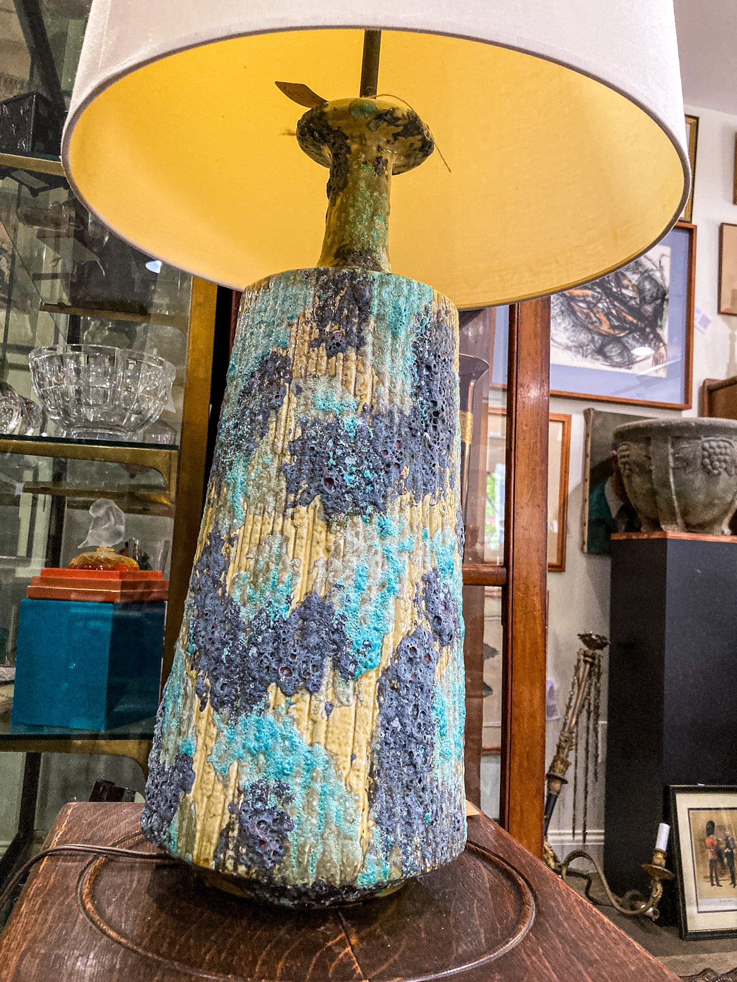 Vintage MCM Turquoise Blue Fantoni Style Lava Glaze Ceramic Table Lamp