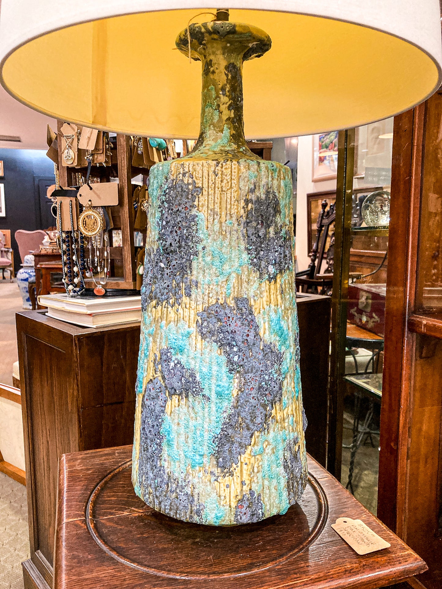 Vintage MCM Turquoise Blue Fantoni Style Lava Glaze Ceramic Table Lamp