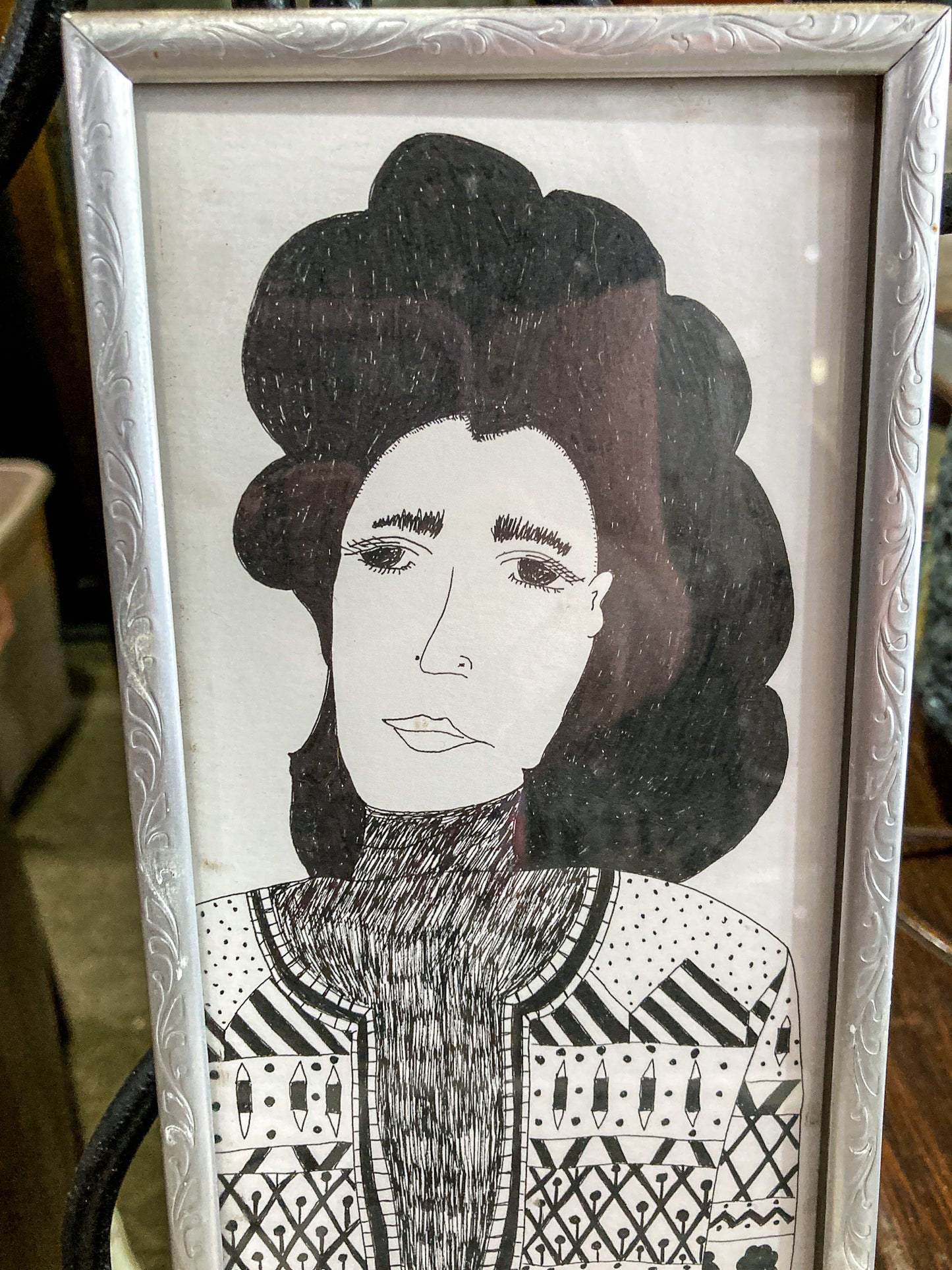 Vintage Maida Malin Stylized Woman Portrait Ink Illustrative Framed Drawing
