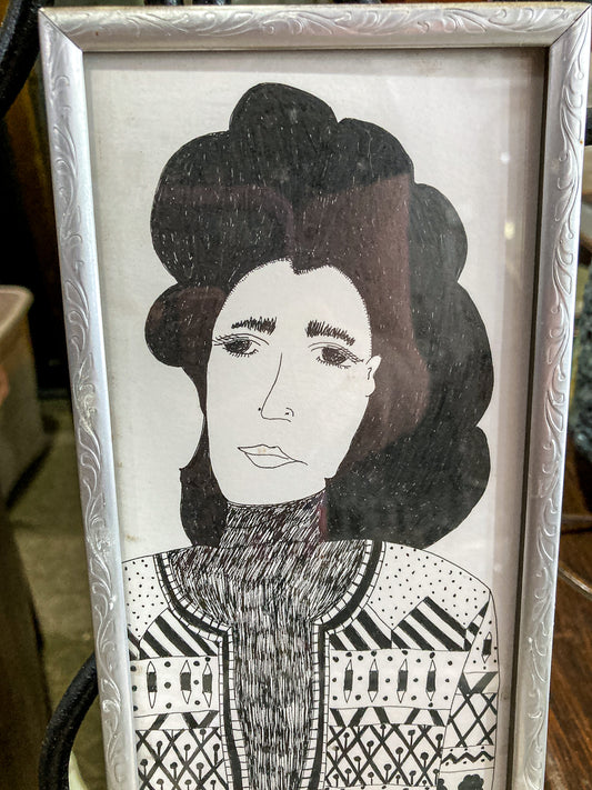 Vintage Maida Malin Stylized Woman Portrait Ink Illustrative Framed Drawing