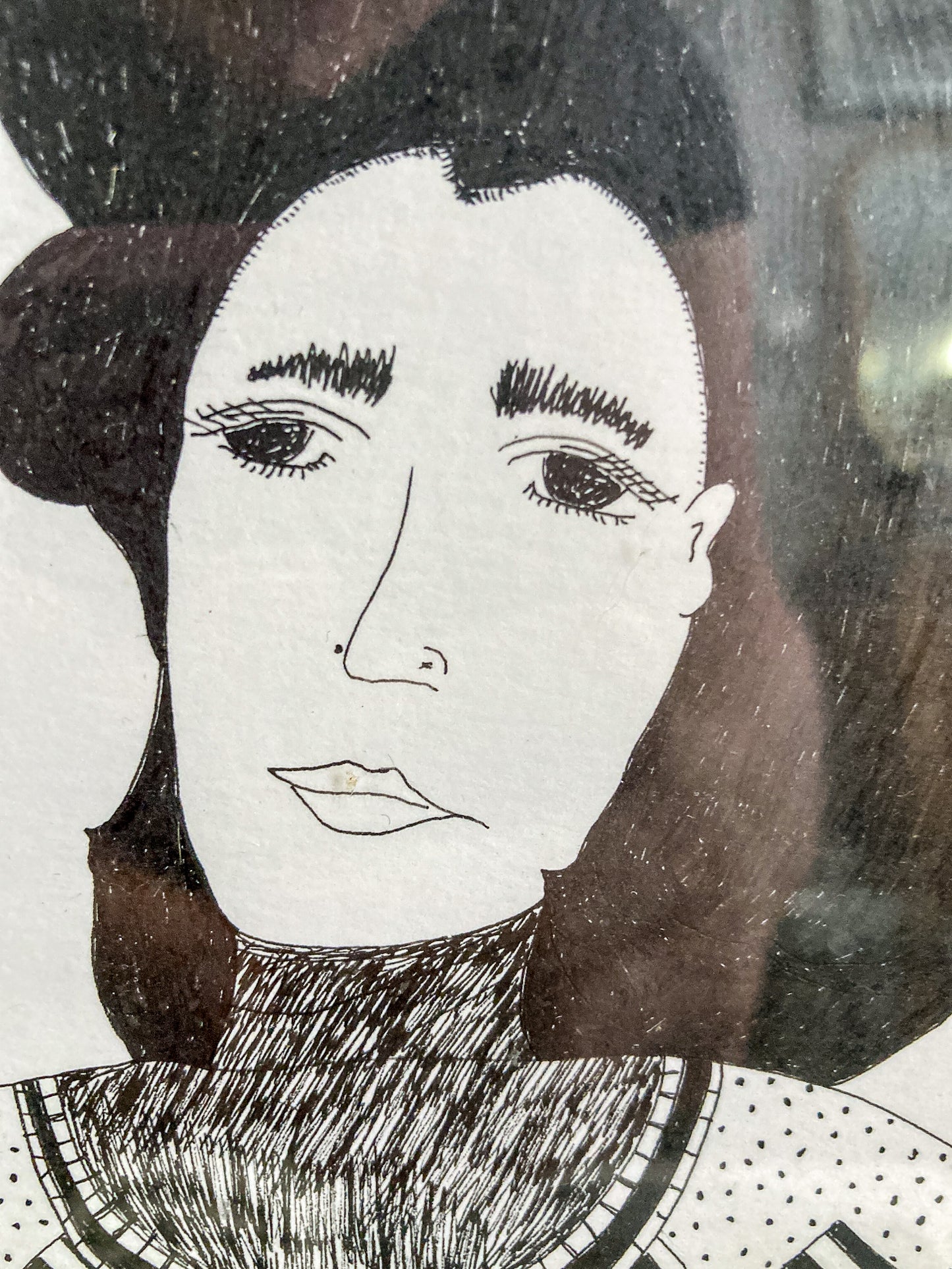 Vintage Maida Malin Stylized Woman Portrait Ink Illustrative Framed Drawing
