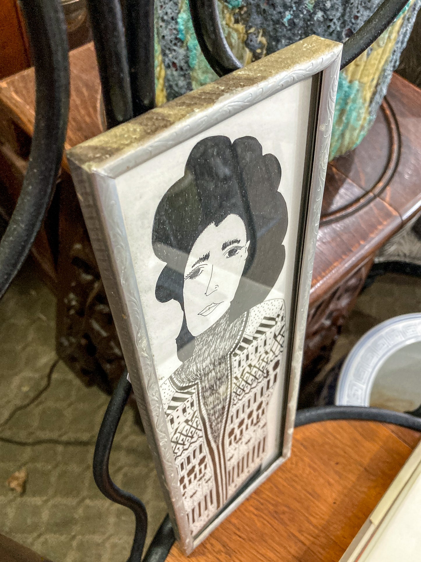 Vintage Maida Malin Stylized Woman Portrait Ink Illustrative Framed Drawing