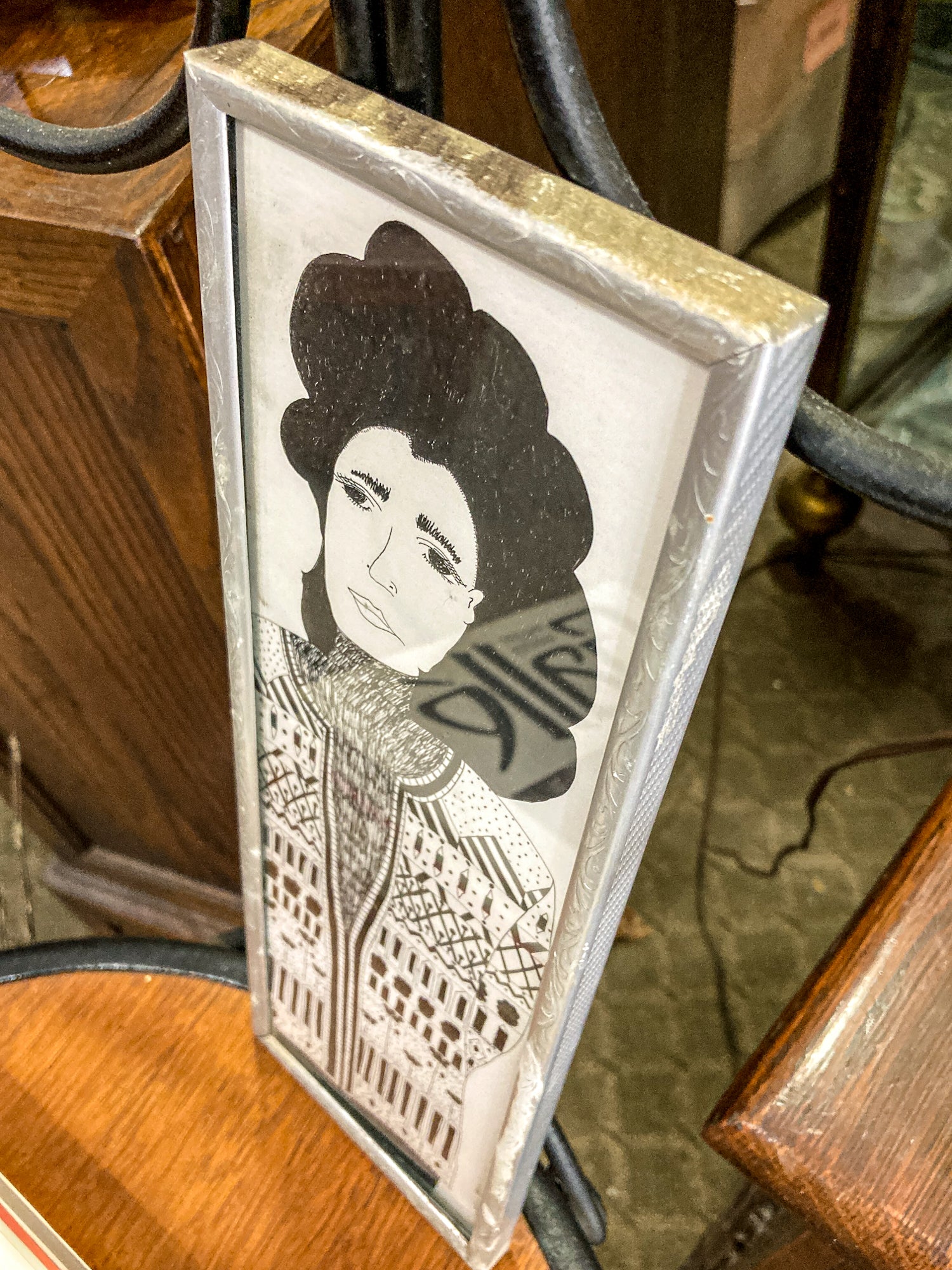 Vintage Maida Malin Stylized Woman Portrait Ink Illustrative Framed Drawing