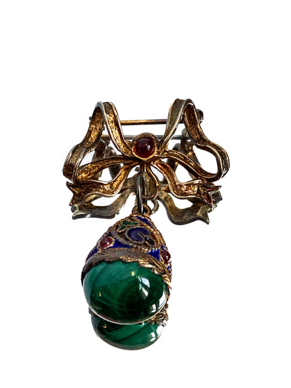 Edwardian Faberge Style Enameled Malachite Egg Drop Bow Watch Fob Brooch Pin