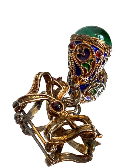 Edwardian Faberge Style Enameled Malachite Egg Drop Bow Watch Fob Brooch Pin