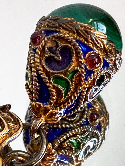 Edwardian Faberge Style Enameled Malachite Egg Drop Bow Watch Fob Brooch Pin
