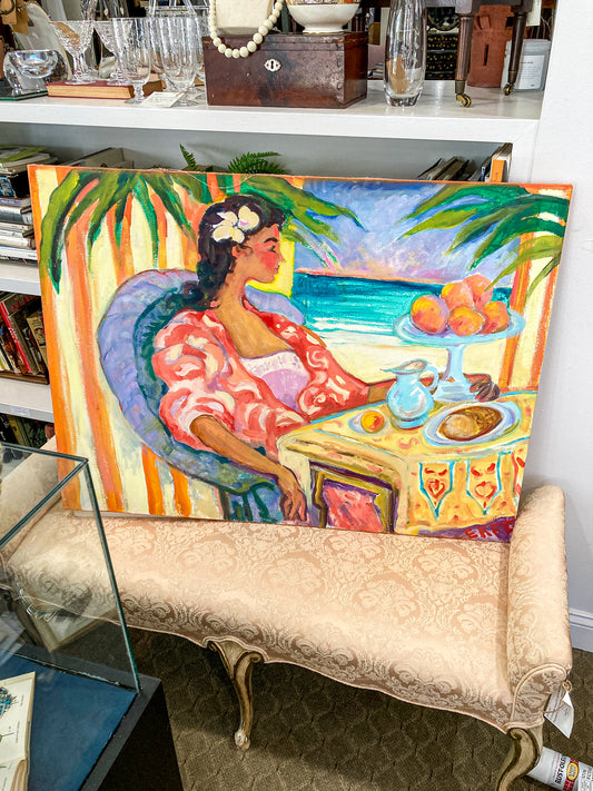 Vintage Matisse Style Colorful Ocean Side Portrait Canvas Acrylic Painting