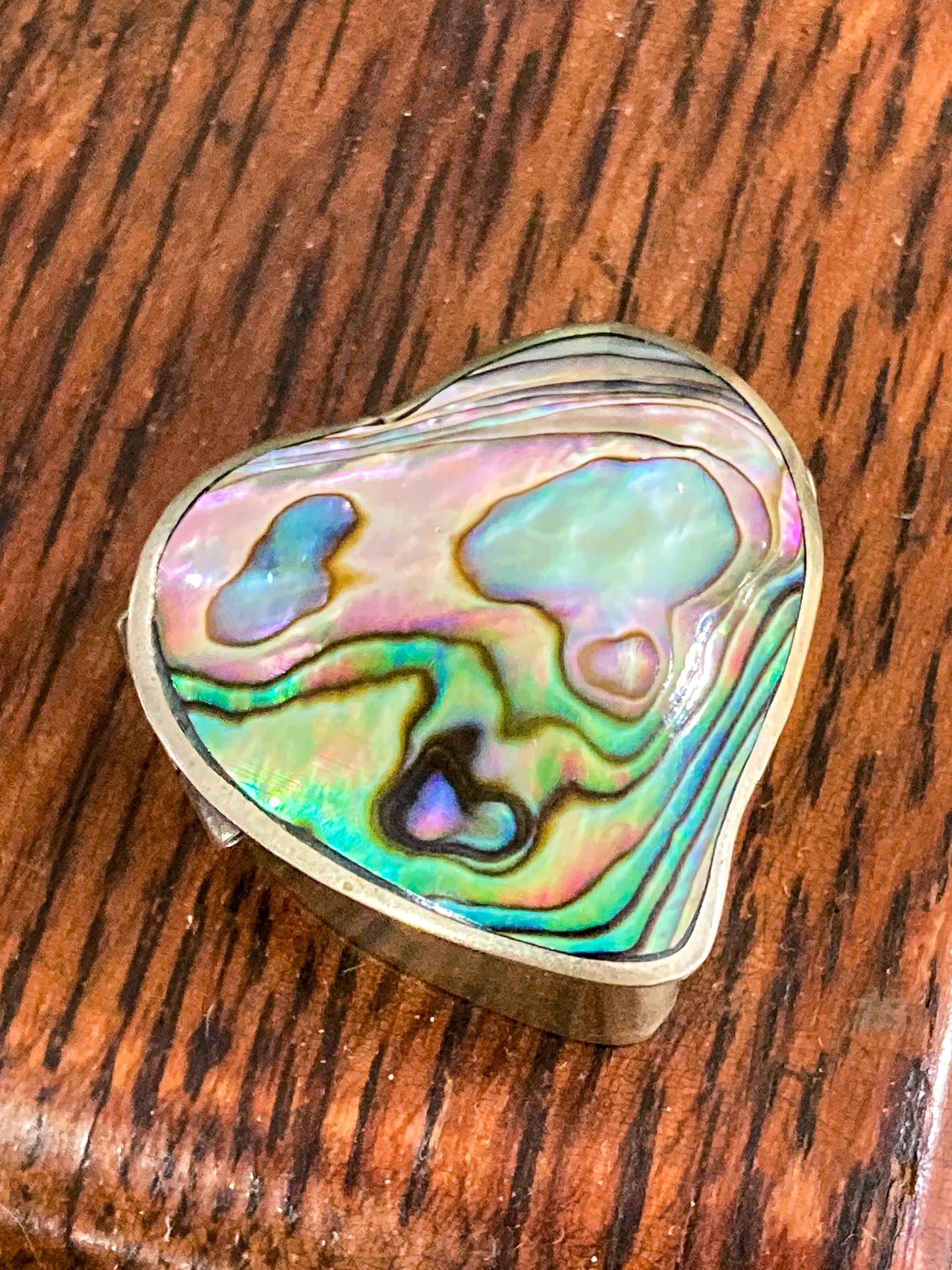 Vintage Mexican Abalone Silver Heart Shaped Miniature Trinket Pill Box