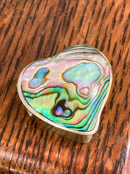 Vintage Mexican Abalone Silver Heart Shaped Miniature Trinket Pill Box