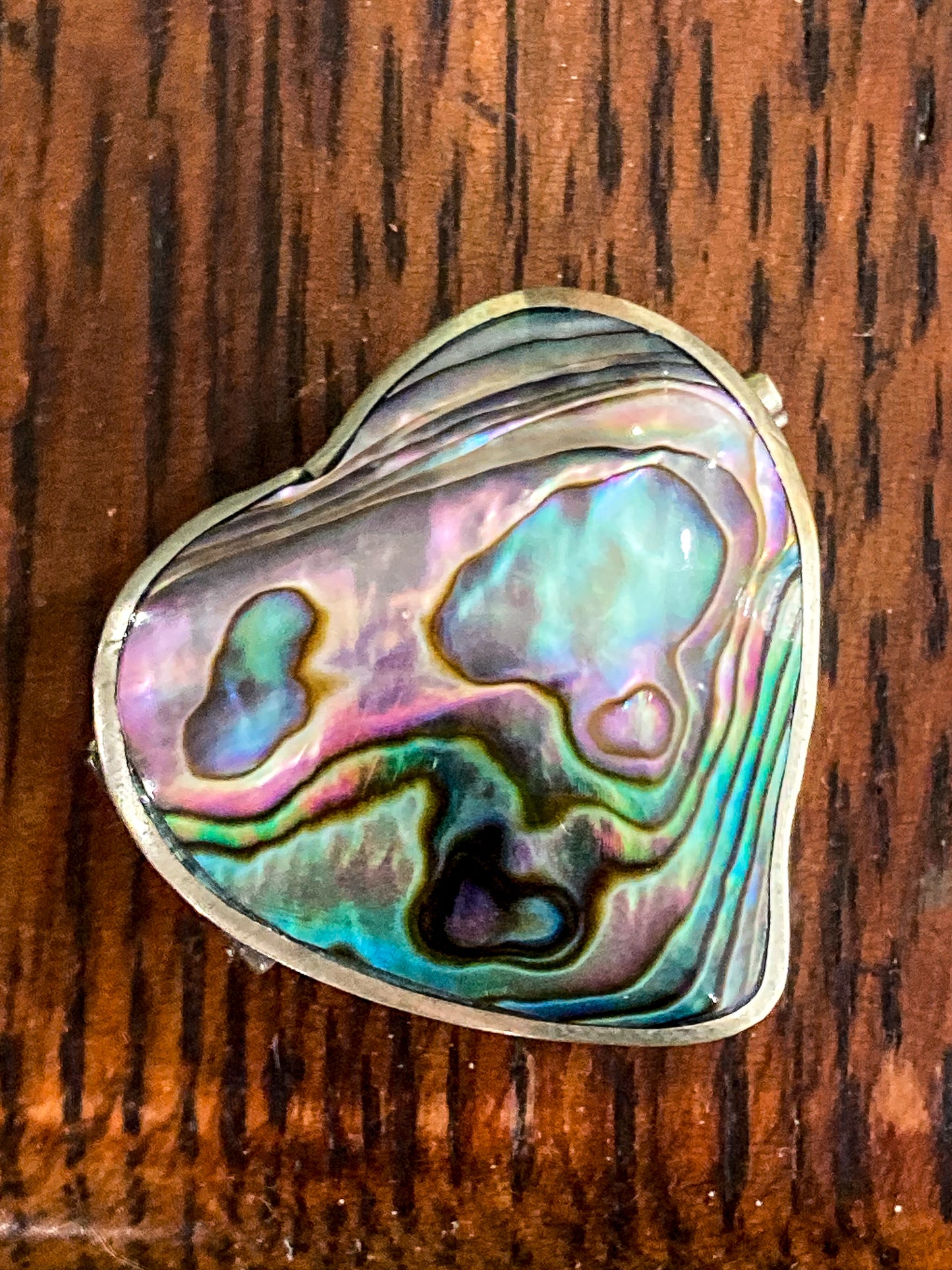 Vintage Mexican Abalone Silver Heart Shaped Miniature Trinket Pill Box