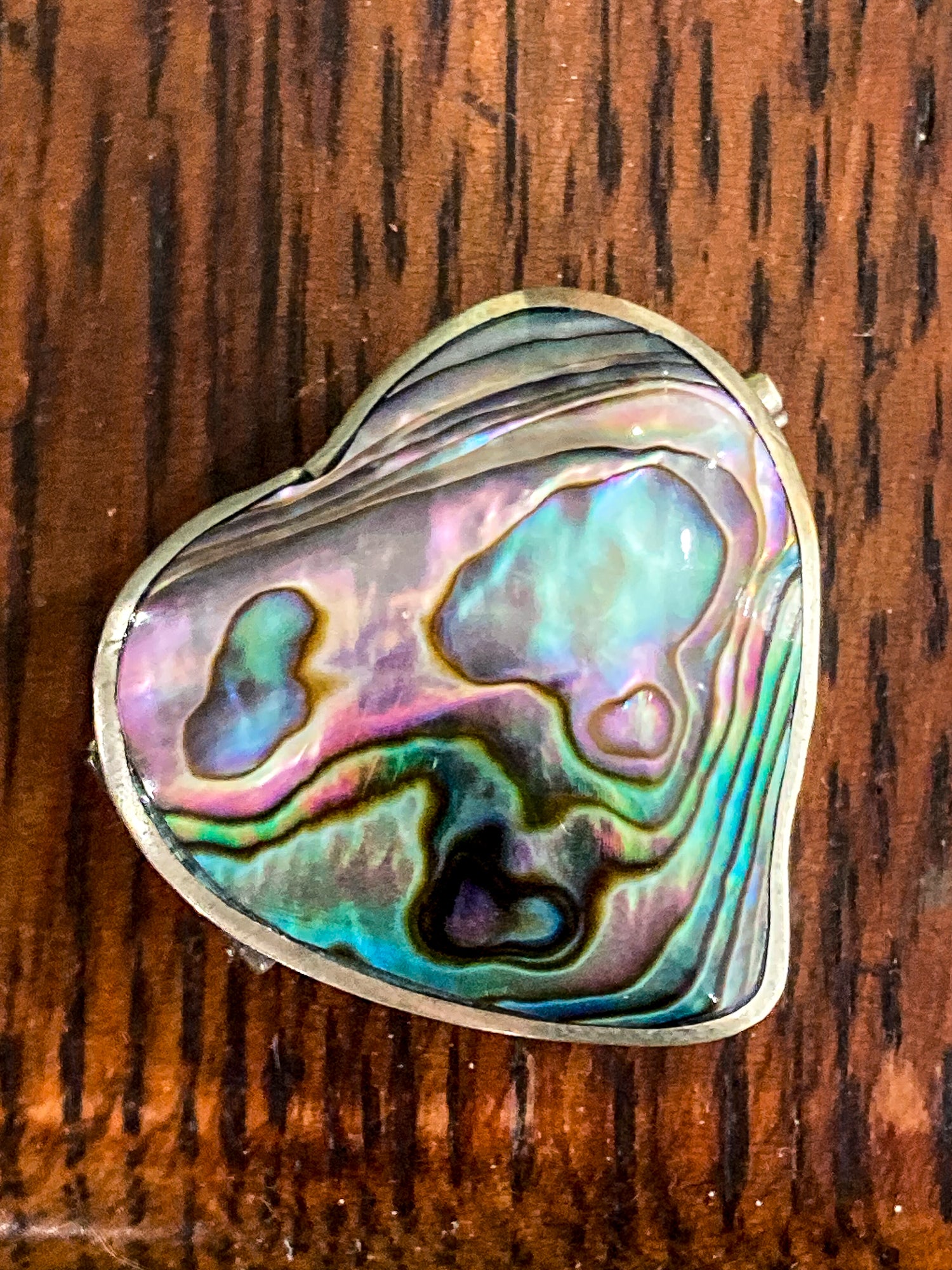 Vintage Mexican Abalone Silver Heart Shaped Miniature Trinket Pill Box
