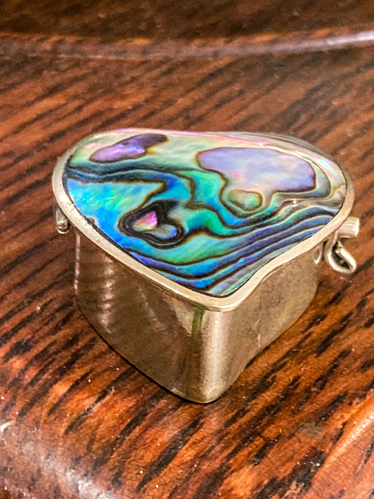 Vintage Mexican Abalone Silver Heart Shaped Miniature Trinket Pill Box