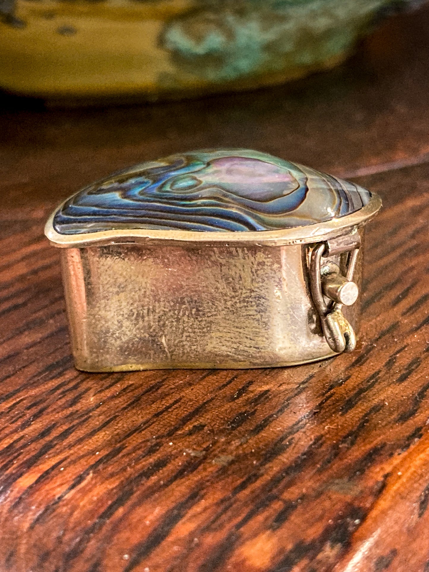 Vintage Mexican Abalone Silver Heart Shaped Miniature Trinket Pill Box