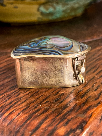 Vintage Mexican Abalone Silver Heart Shaped Miniature Trinket Pill Box