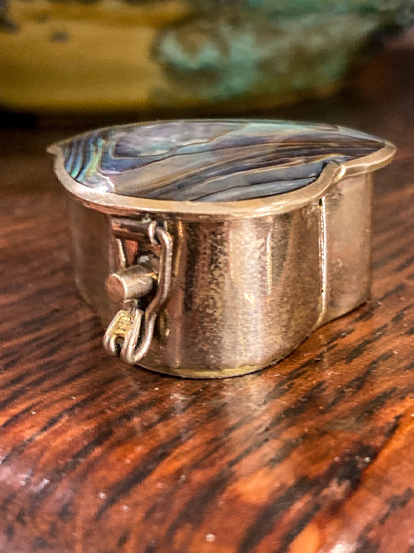 Vintage Mexican Abalone Silver Heart Shaped Miniature Trinket Pill Box