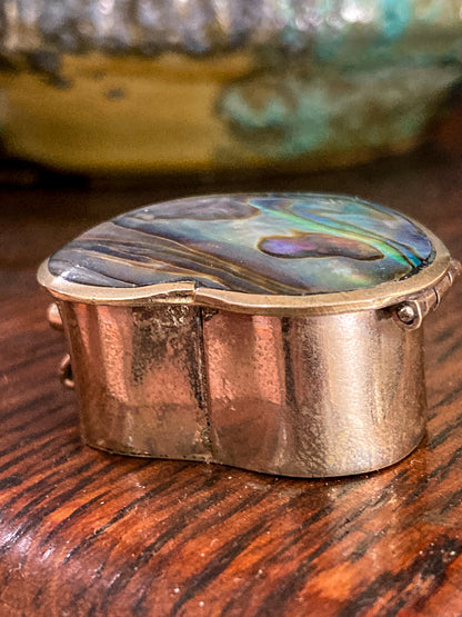 Vintage Mexican Abalone Silver Heart Shaped Miniature Trinket Pill Box