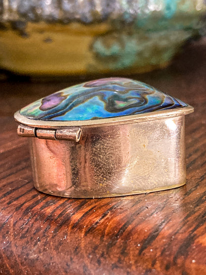 Vintage Mexican Abalone Silver Heart Shaped Miniature Trinket Pill Box
