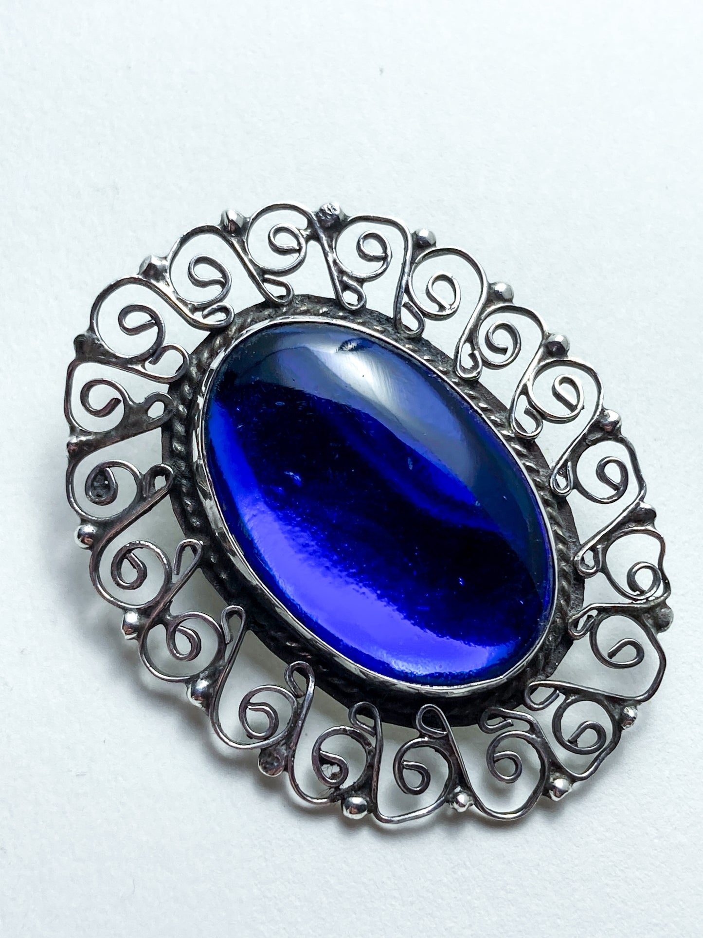 Vintage Mexico Filigree Sterling Silver Oval Blue Cabochon Brooch Pendant Pin