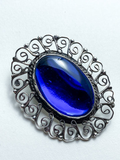 Vintage Mexico Filigree Sterling Silver Oval Blue Cabochon Brooch Pendant Pin