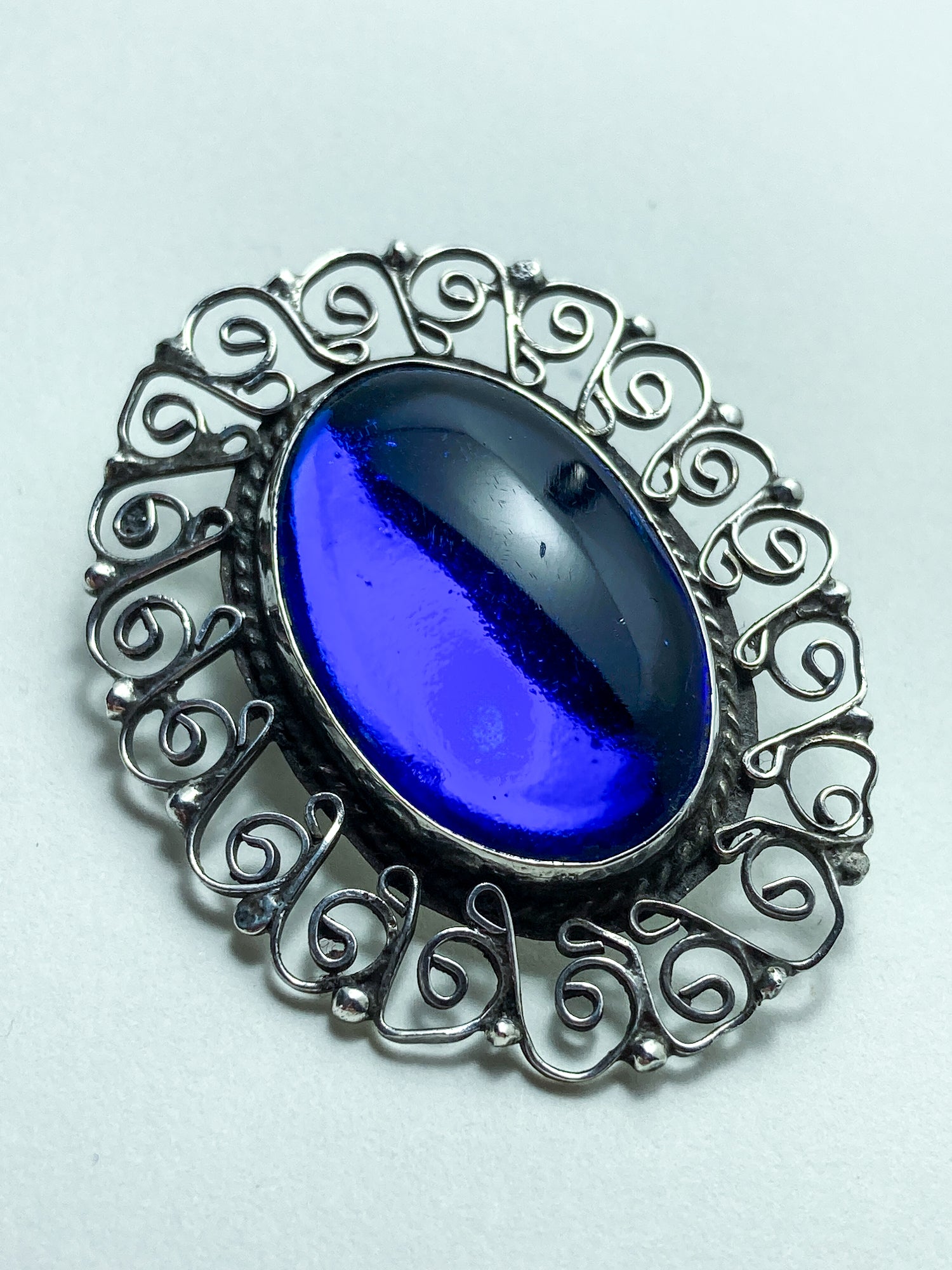 Vintage Mexico Filigree Sterling Silver Oval Blue Cabochon Brooch Pendant Pin