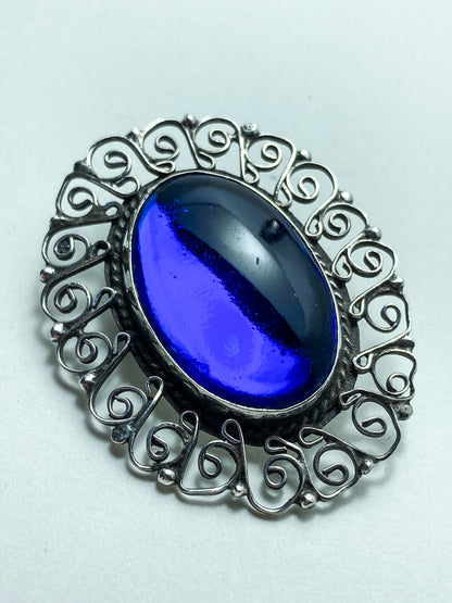 Vintage Mexico Filigree Sterling Silver Oval Blue Cabochon Brooch Pendant Pin