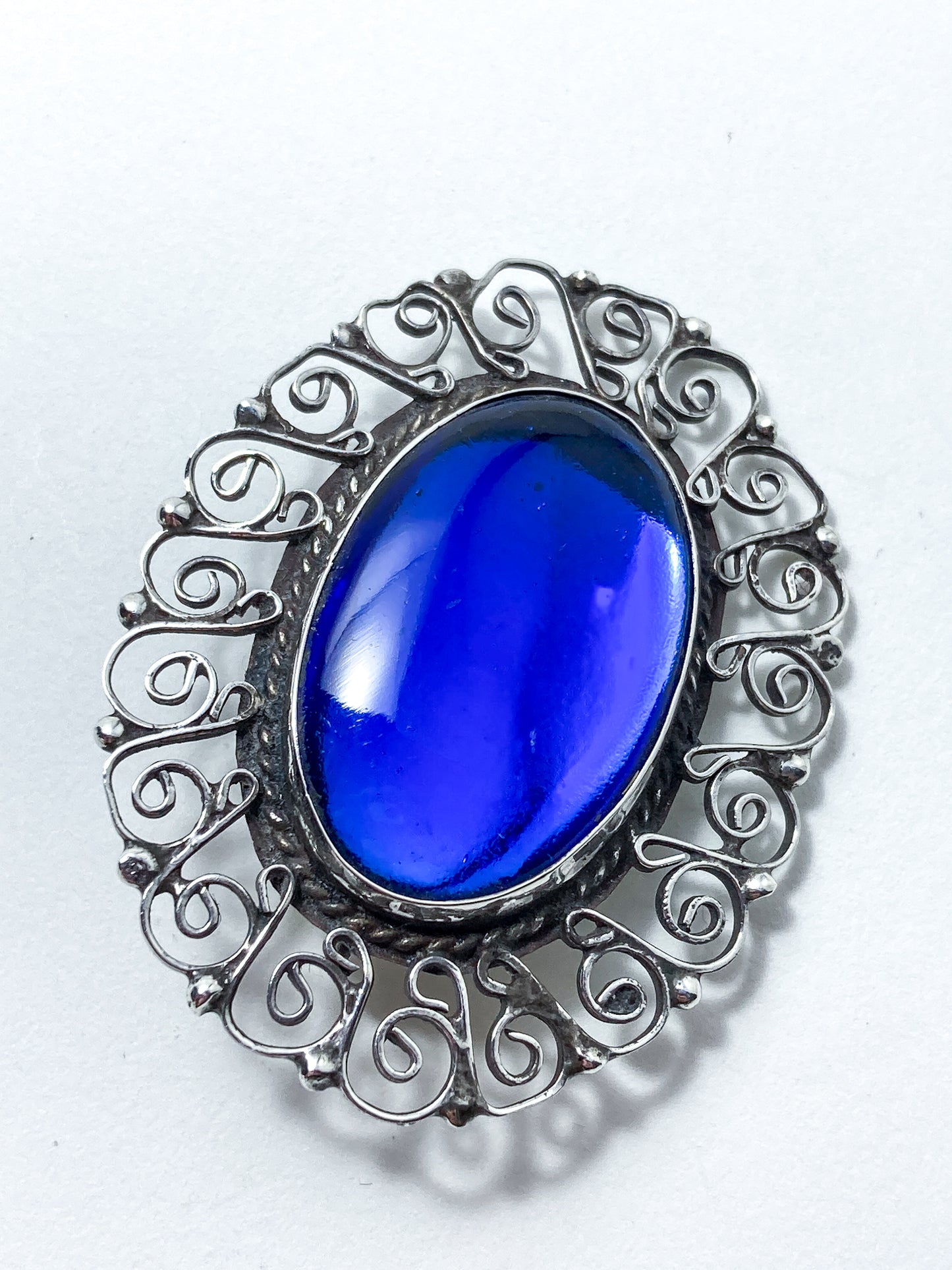 Vintage Mexico Filigree Sterling Silver Oval Blue Cabochon Brooch Pendant Pin