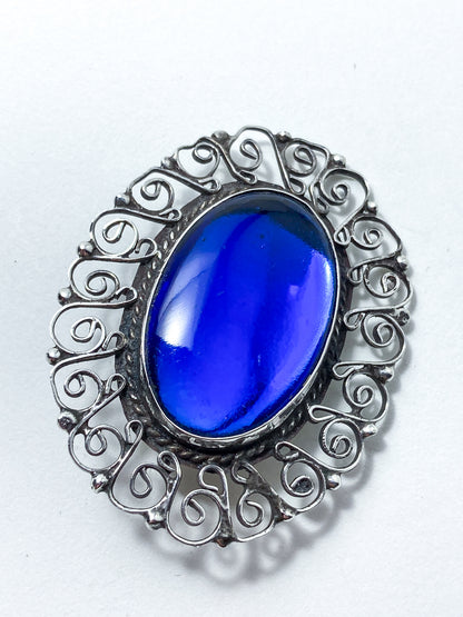Vintage Mexico Filigree Sterling Silver Oval Blue Cabochon Brooch Pendant Pin