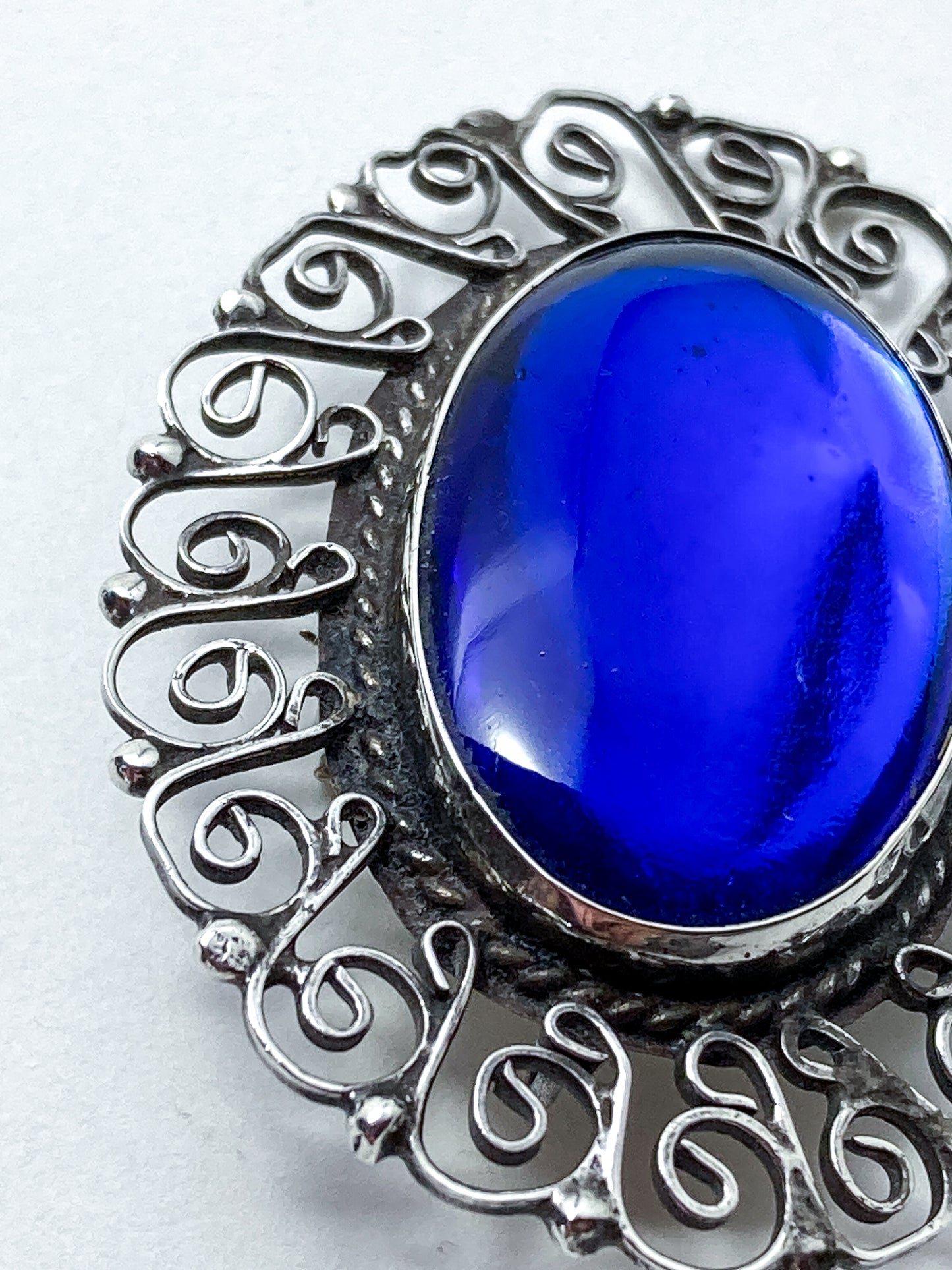 Vintage Mexico Filigree Sterling Silver Oval Blue Cabochon Brooch Pendant Pin