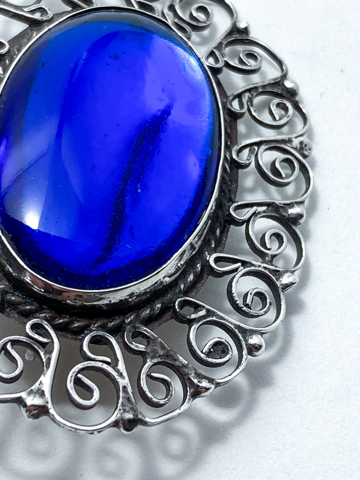 Vintage Mexico Filigree Sterling Silver Oval Blue Cabochon Brooch Pendant Pin