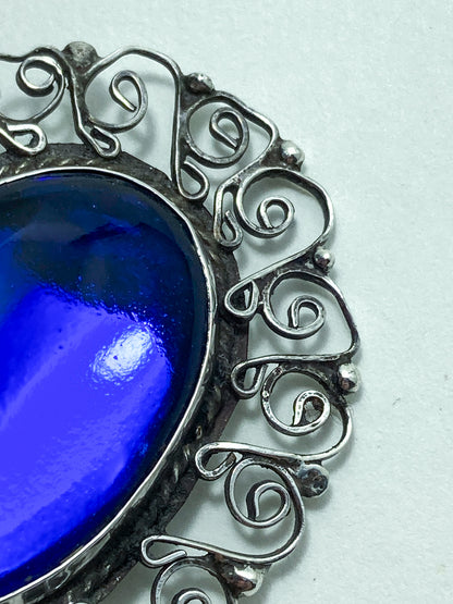 Vintage Mexico Filigree Sterling Silver Oval Blue Cabochon Brooch Pendant Pin