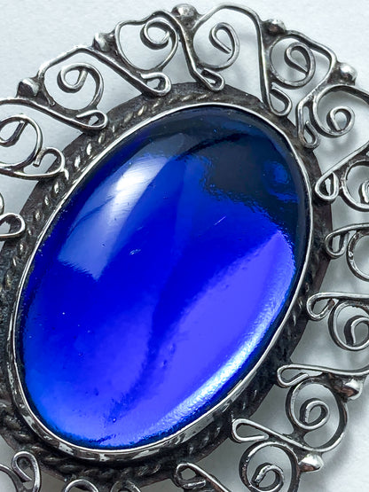 Vintage Mexico Filigree Sterling Silver Oval Blue Cabochon Brooch Pendant Pin