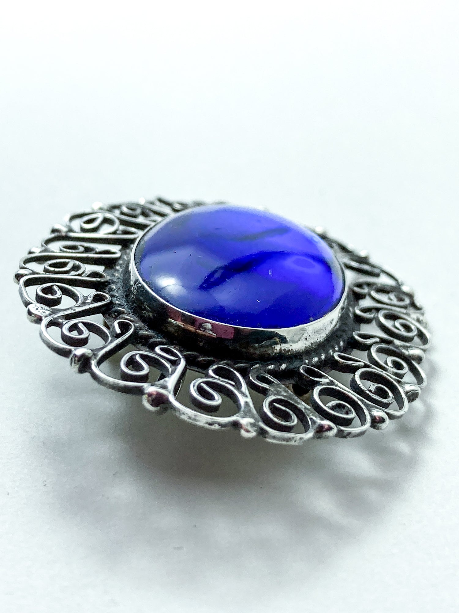 Vintage Mexico Filigree Sterling Silver Oval Blue Cabochon Brooch Pendant Pin