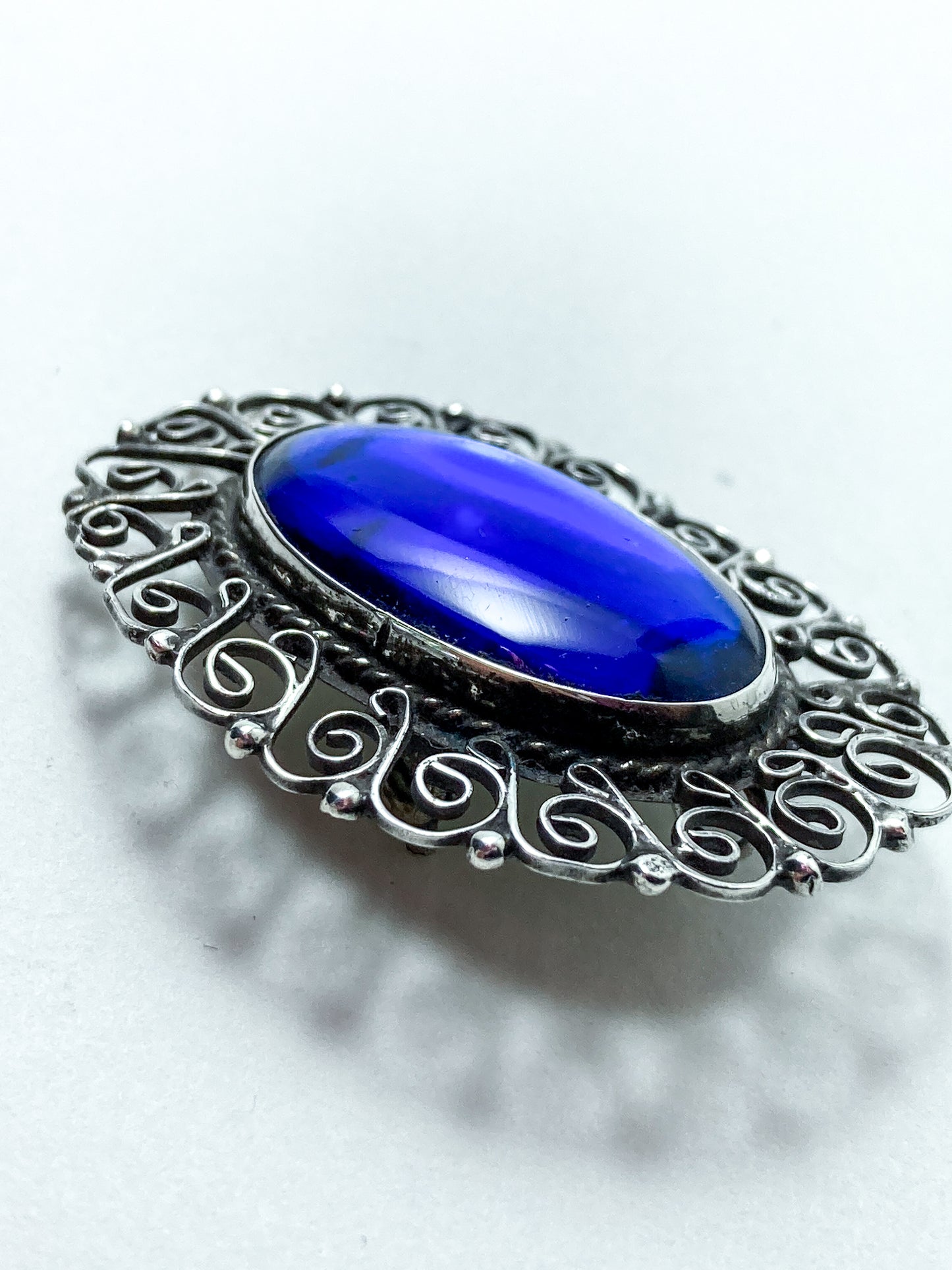 Vintage Mexico Filigree Sterling Silver Oval Blue Cabochon Brooch Pendant Pin