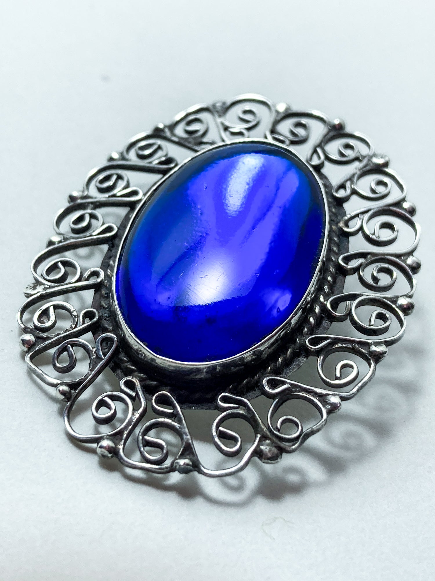 Vintage Mexico Filigree Sterling Silver Oval Blue Cabochon Brooch Pendant Pin