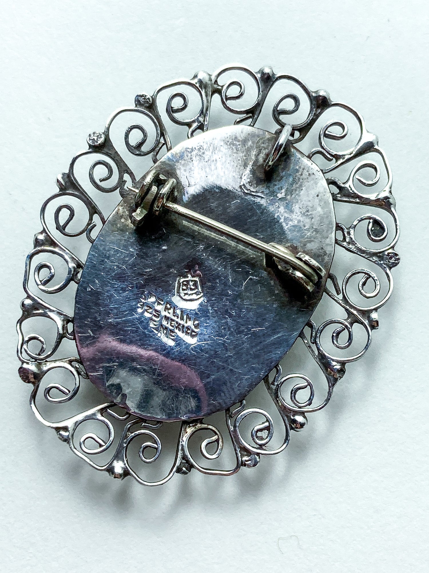 Vintage Mexico Filigree Sterling Silver Oval Blue Cabochon Brooch Pendant Pin
