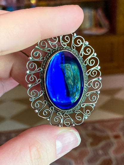 Vintage Mexico Filigree Sterling Silver Oval Blue Cabochon Brooch Pendant Pin