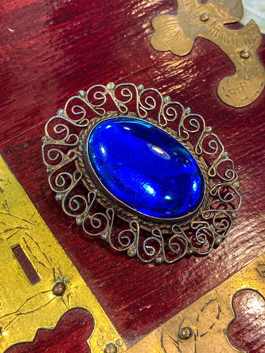 Vintage Mexico Filigree Sterling Silver Oval Blue Cabochon Brooch Pendant Pin