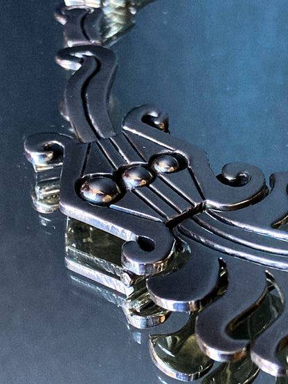 Vintage 1940's Mexico Sterling Silver Incised Hector Aguilar Statement Necklace