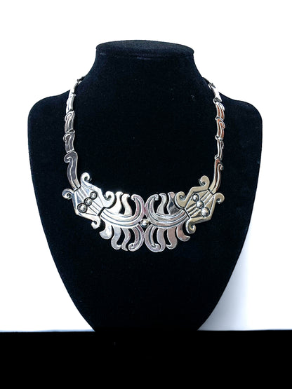 Vintage 1940's Mexico Sterling Silver Incised Hector Aguilar Statement Necklace